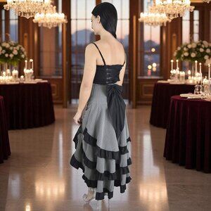 Gothic Victorian High-Low Bustle Skirt | Striped Steampunk Maxi with Ruffles